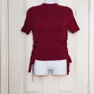 Express Berry Lace Up Short Sleeve Sweater